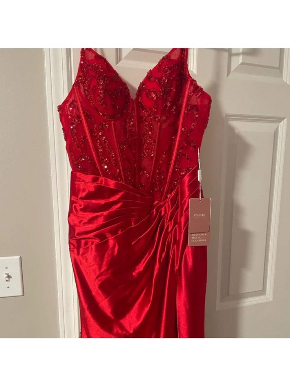 Stacees Red Sequined Prom Dress with Slit New sz 4